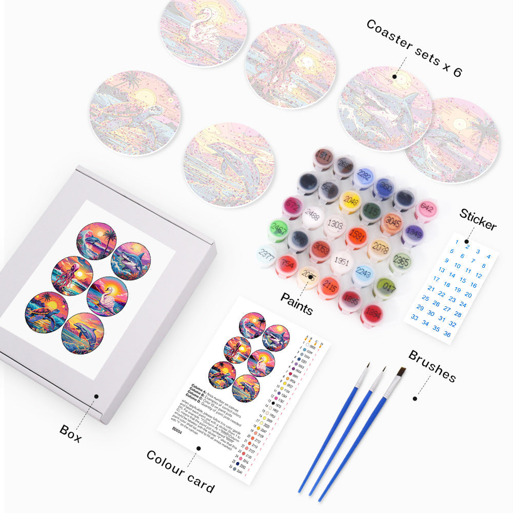 Marine Life Print Paint By Numbers Coaster Set (6 Pack)